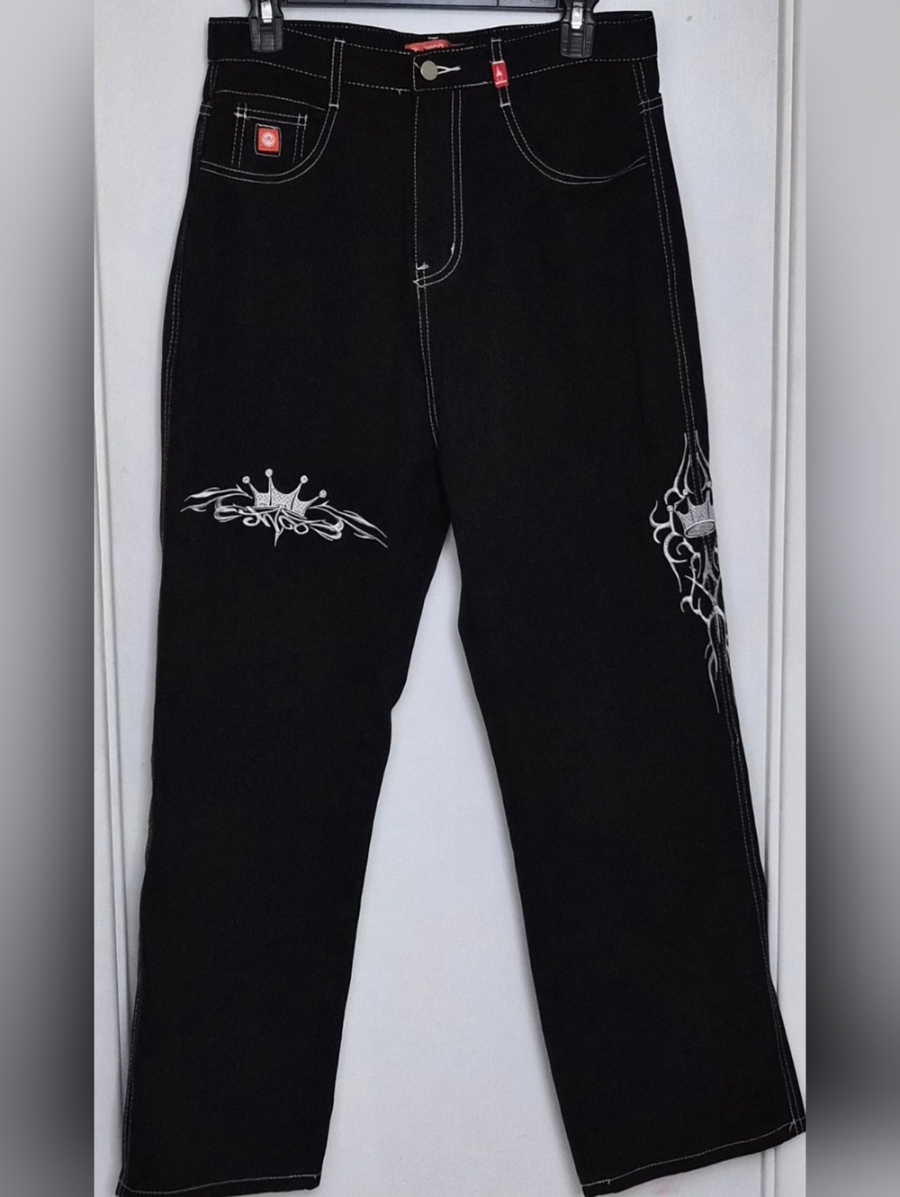 Vtg Y2K Tribal JNCO Jeans, Mns M(31-32) Embroidered Tribal Crown Design, Blk/Slv